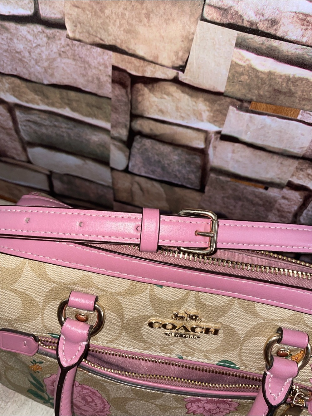 Coach Beige Signature Floral Dome Satchel with Pink Trim - Picture 12 of 13